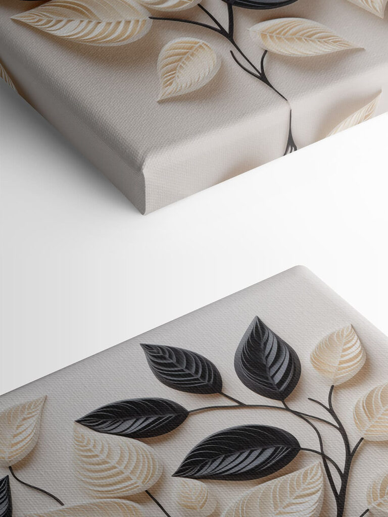 Black and white leaves on a white surface