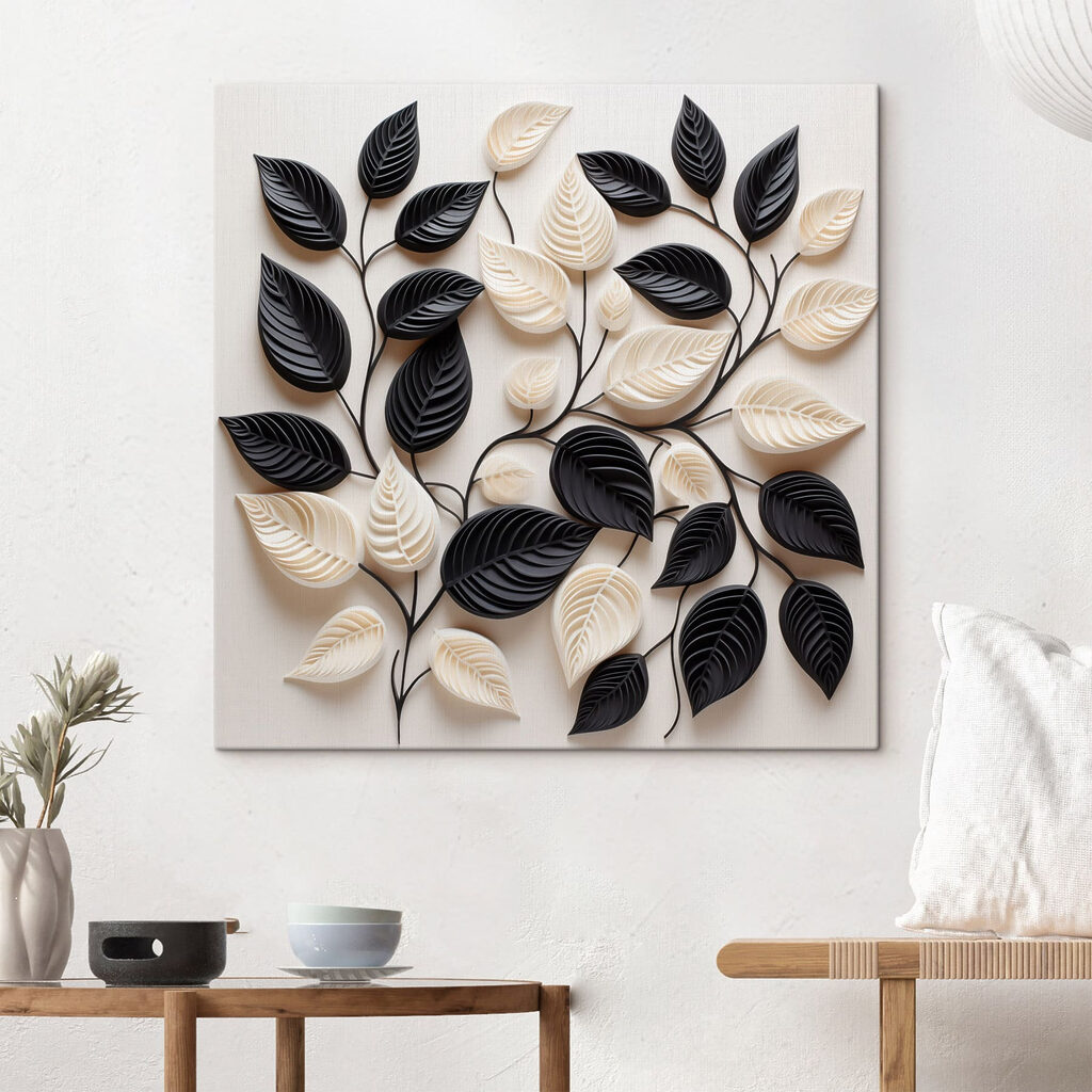 Black and white leaves on a white surface