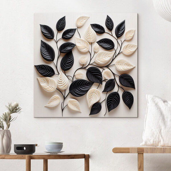 Black and white leaves on a white surface