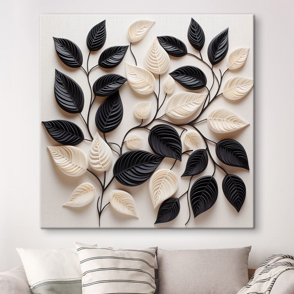 Black and white leaves on a white surface