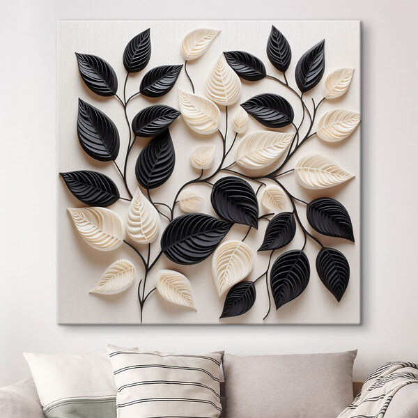Black and white leaves on a white surface