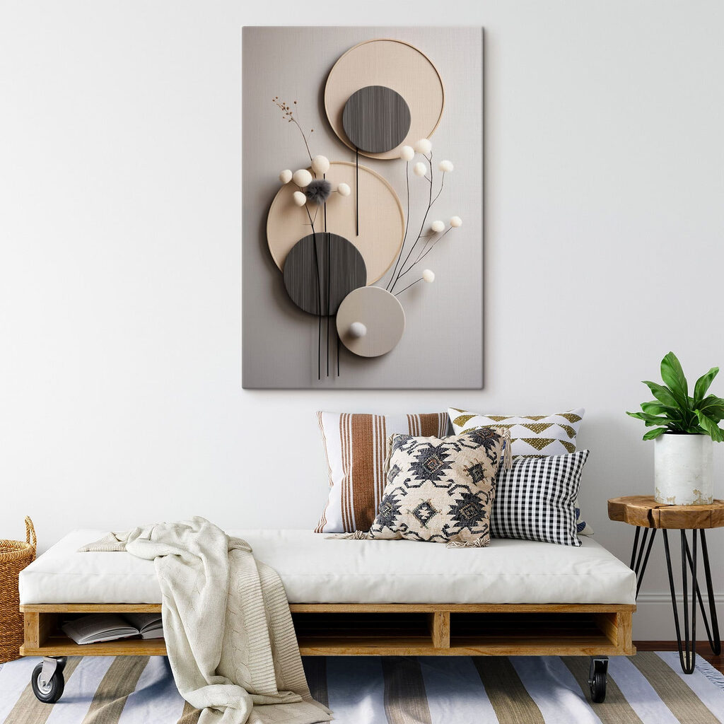 Wall decoration with round circles and white flowers