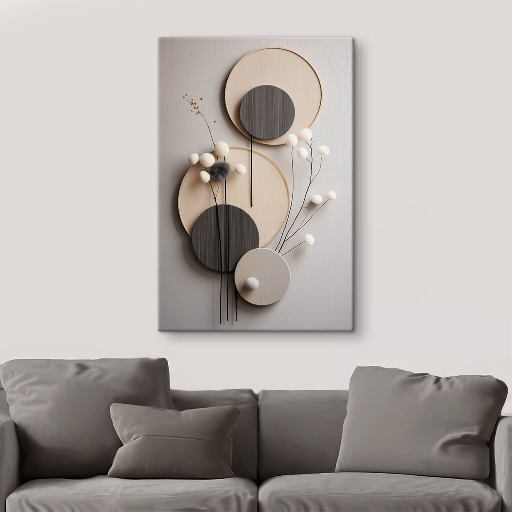 Wall decoration with round circles and white flowers
