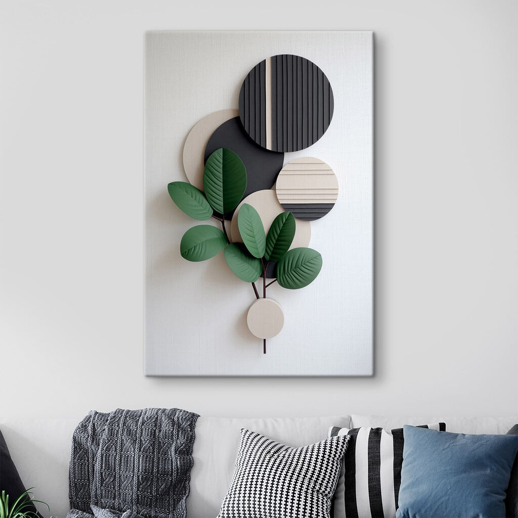 Wall art with a plant and leaves