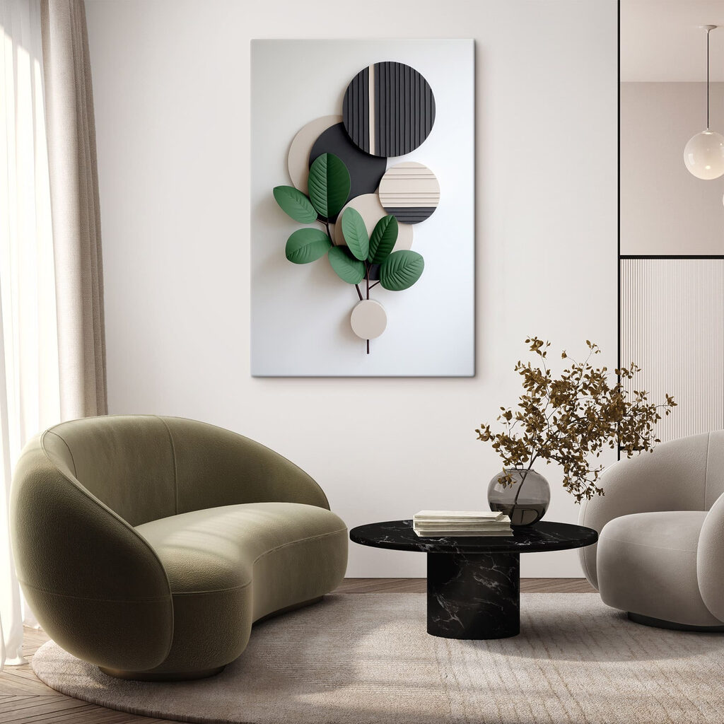 Wall art with a plant and leaves
