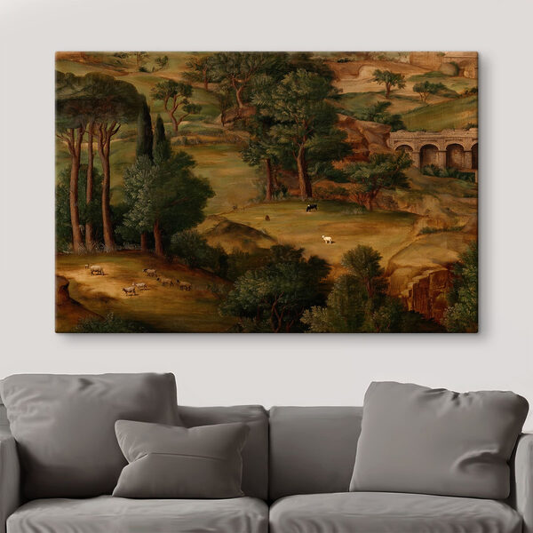 Painting of a landscape with trees and animals Painting of a landscape with trees and animals