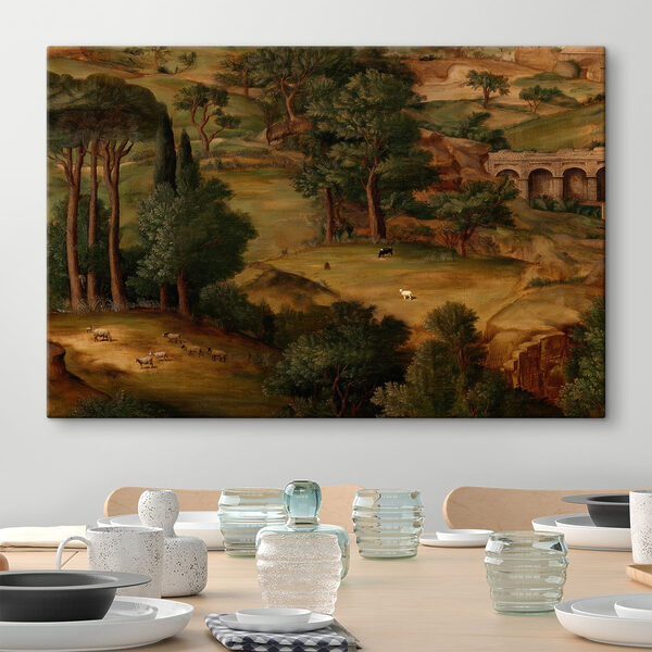 Painting of a landscape with trees and animals Painting of a landscape with trees and animals