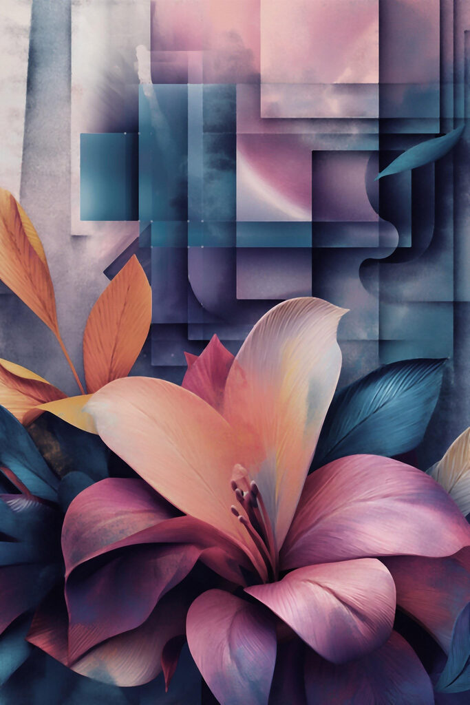 Vibrant blooms amidst abstract shapes