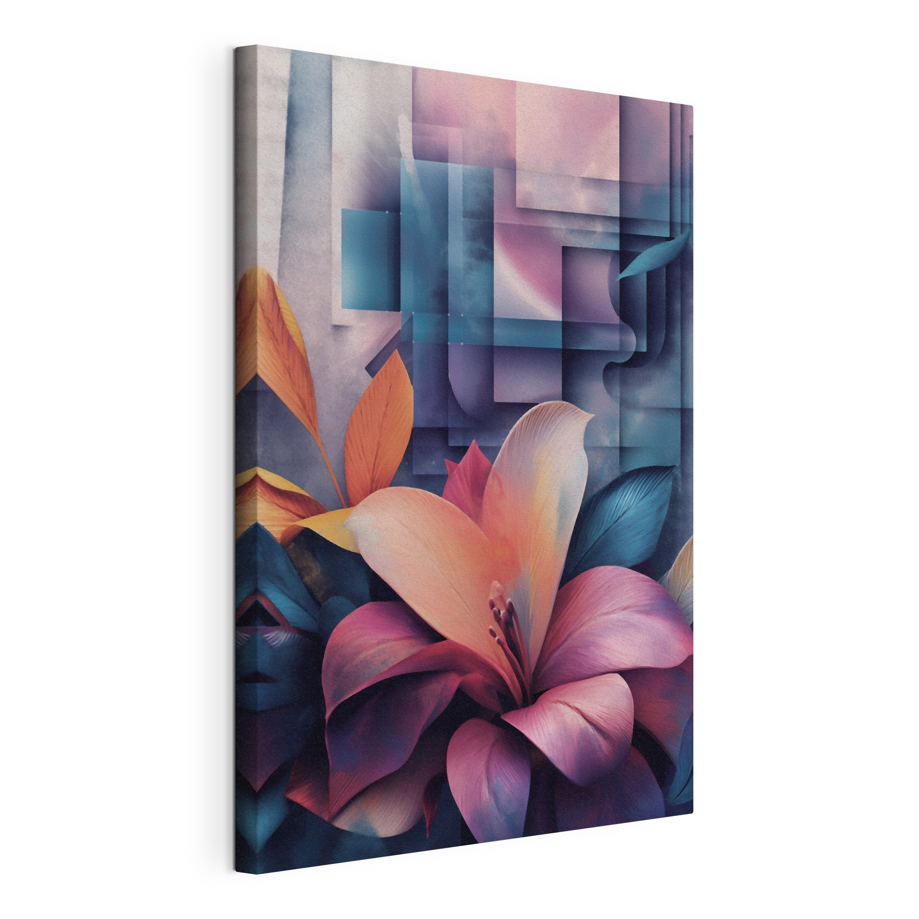 Vibrant blooms amidst abstract shapes