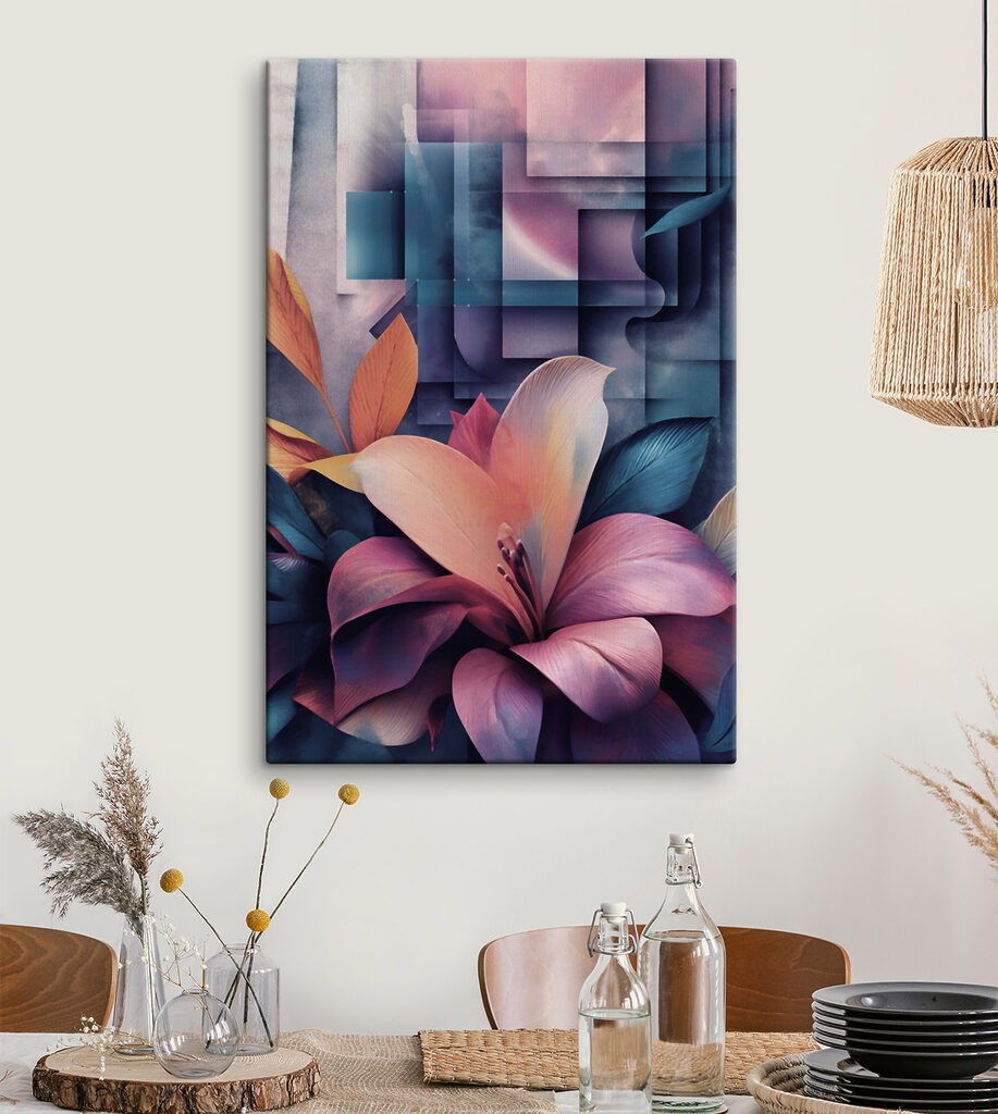 Vibrant blooms amidst abstract shapes