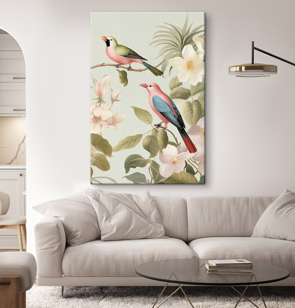 Couple of birds on a branch with flowers