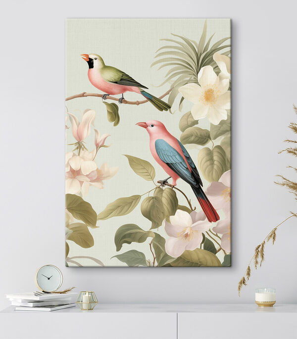 Couple of birds on a branch with flowers