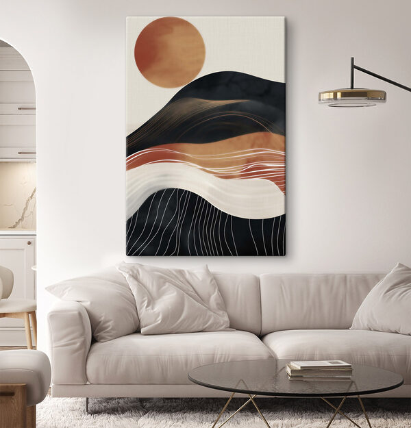 Painting of a mountain with a sun behind it Painting of a mountain with a sun behind it
