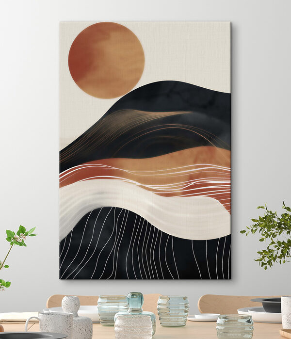 Painting of a mountain with a sun behind it Painting of a mountain with a sun behind it