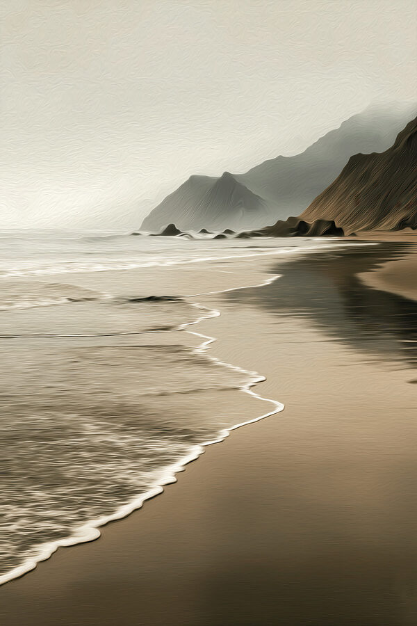 Beach with waves and mountains