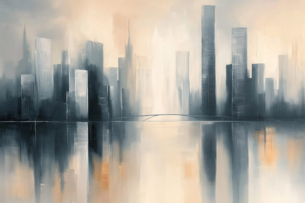 City skyline with tall buildings reflected in water City skyline with tall buildings reflected in water