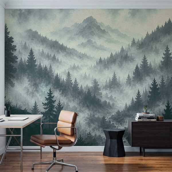 Mlhavá horská krajina se stromy a řekou Mlhavá horská krajina se stromy a řekou