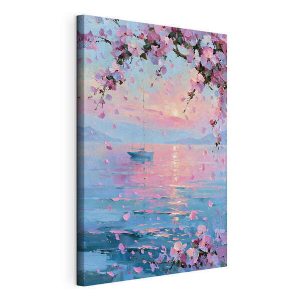 Painting of a sailboat on a calm body of water with pink flowers Painting of a sailboat on a calm body of water with pink flowers