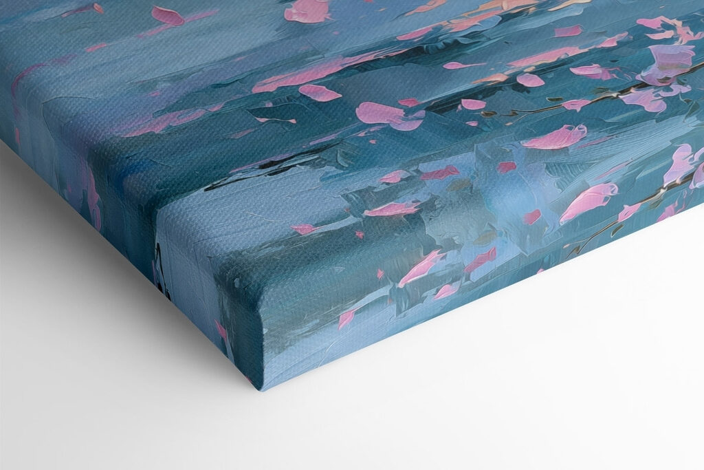 Painting of a sailboat on a calm body of water with pink flowers Painting of a sailboat on a calm body of water with pink flowers