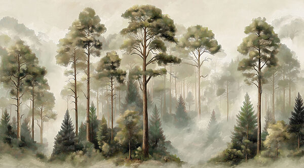 Group of trees in a foggy forest
