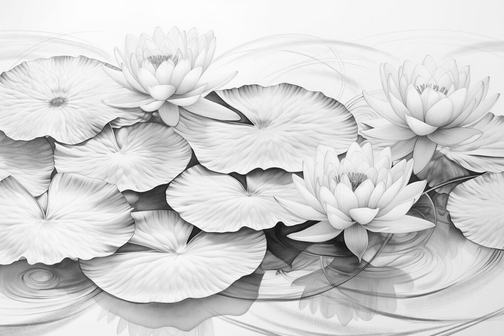 Drawing of lily pads and water lilies