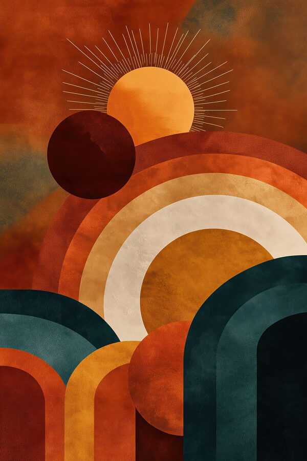 Sun and rainbows in a red and blue sky