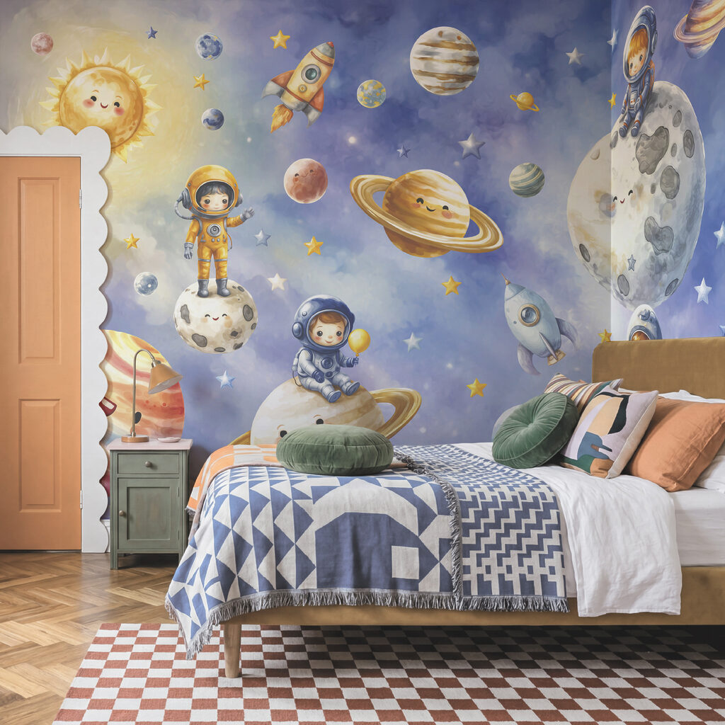 Skupina kreslených astronautů a planet Skupina kreslených astronautů a planet