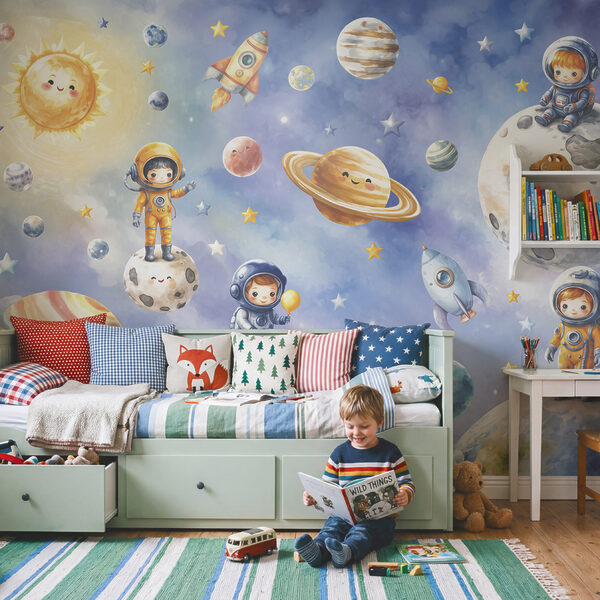 Skupina kreslených astronautů a planet Skupina kreslených astronautů a planet
