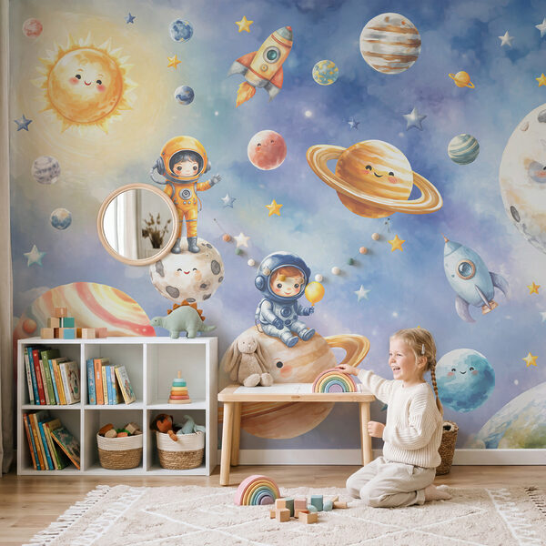 Skupina kreslených astronautů a planet Skupina kreslených astronautů a planet