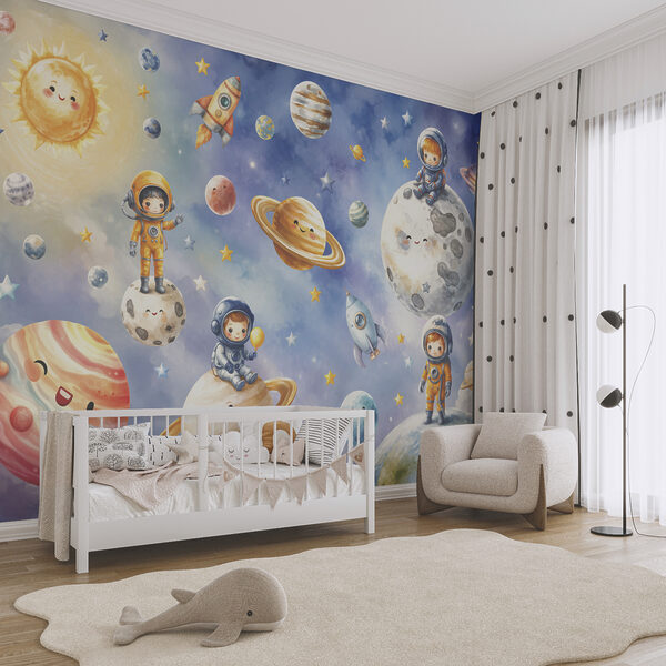 Skupina kreslených astronautů a planet Skupina kreslených astronautů a planet