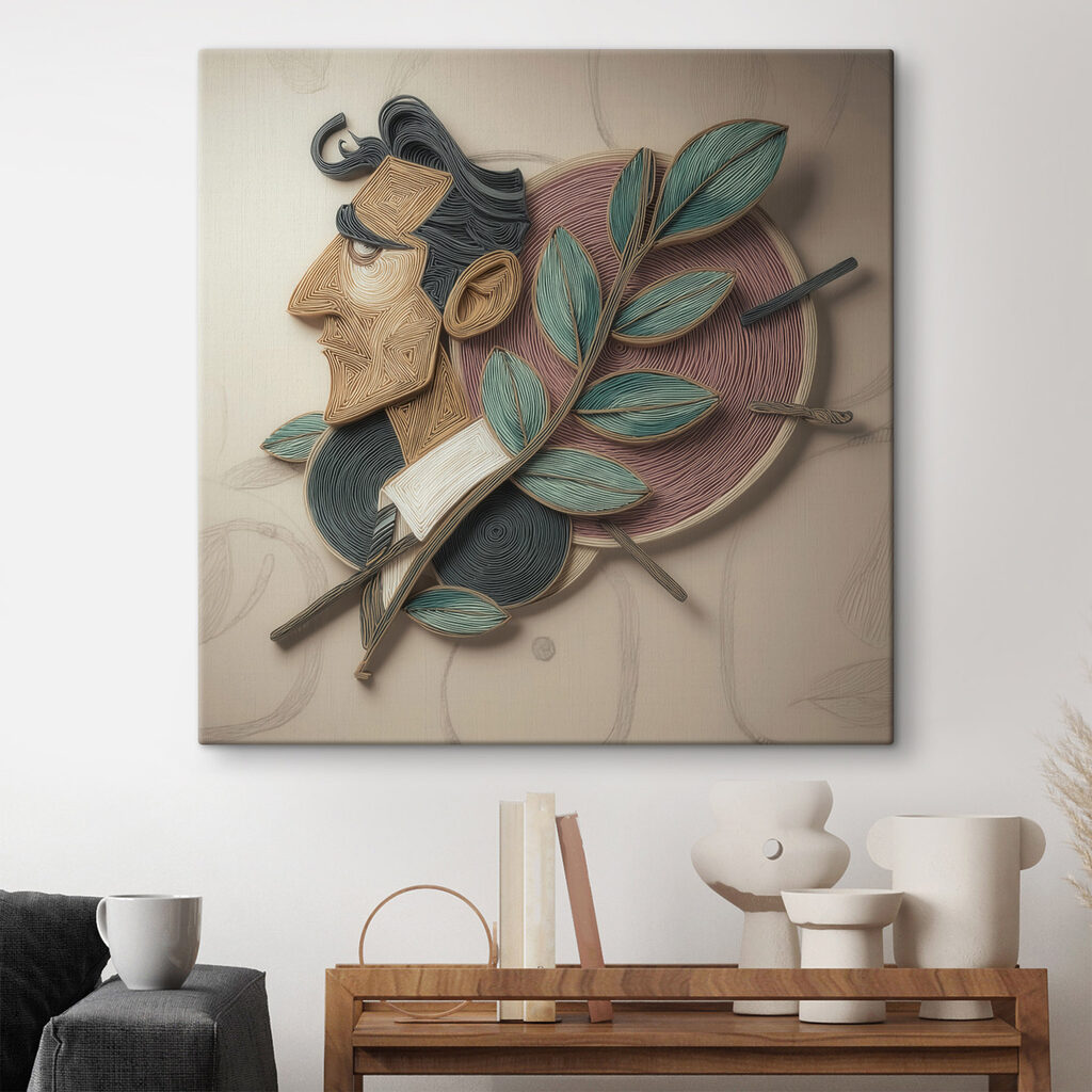Artwork of a man with leaves on a wall Artwork of a man with leaves on a wall