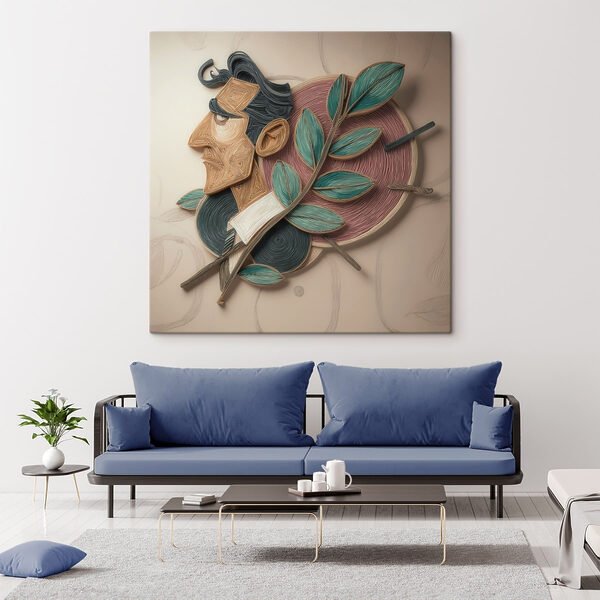 Artwork of a man with leaves on a wall Artwork of a man with leaves on a wall