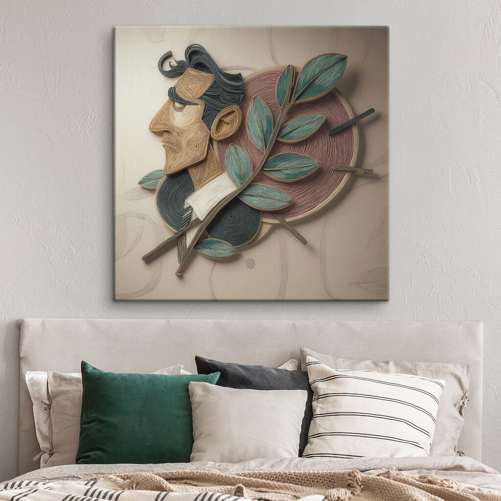 Artwork of a man with leaves on a wall Artwork of a man with leaves on a wall