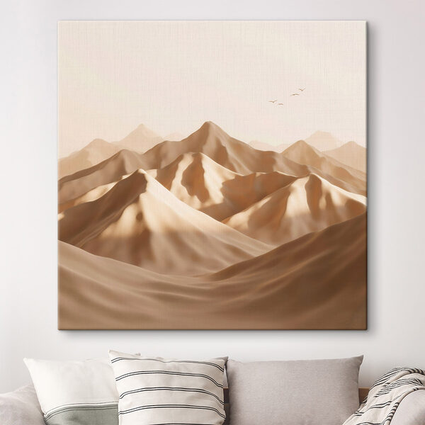 Desert landscape with mountains and birds flying