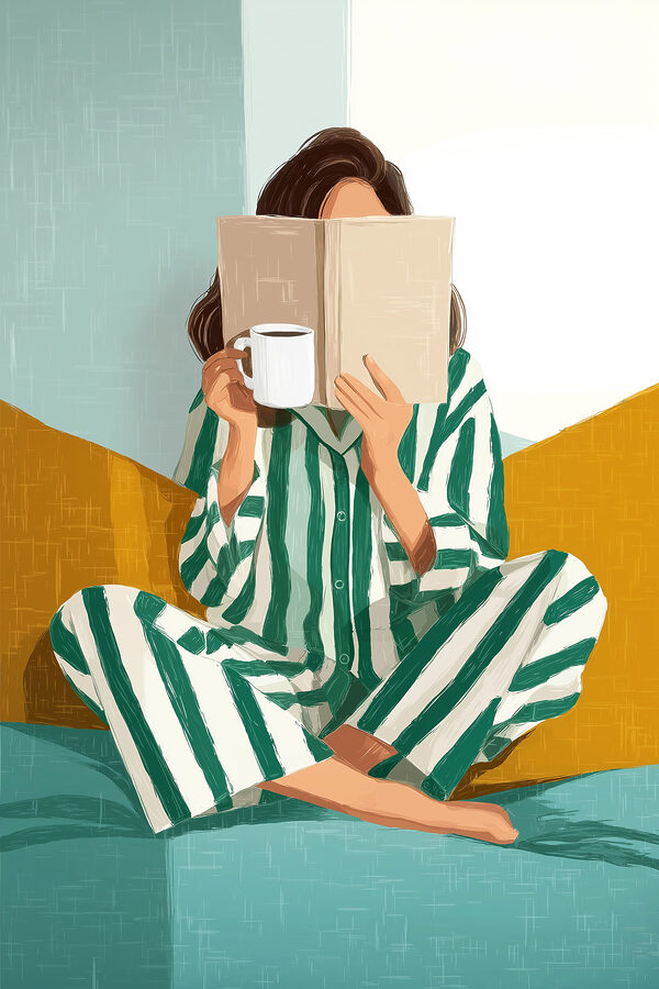 Woman sitting on a bed with a book and a mug Woman sitting on a bed with a book and a mug