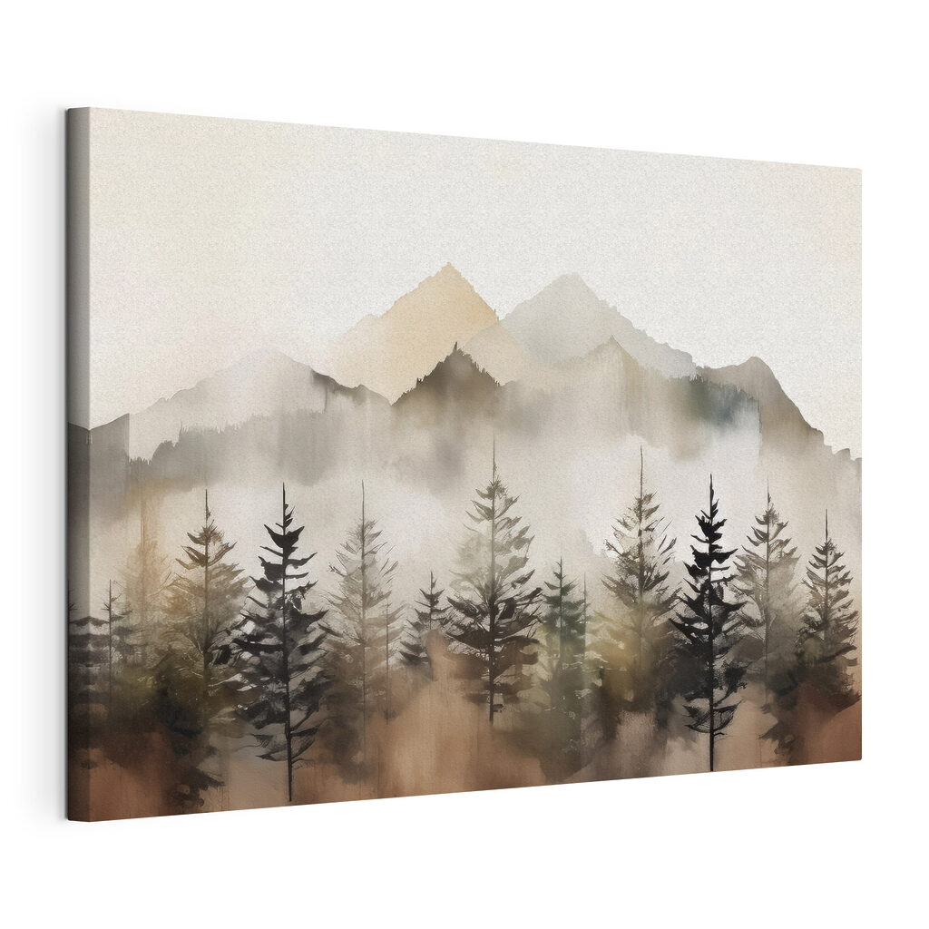 A foggy mountain range with trees