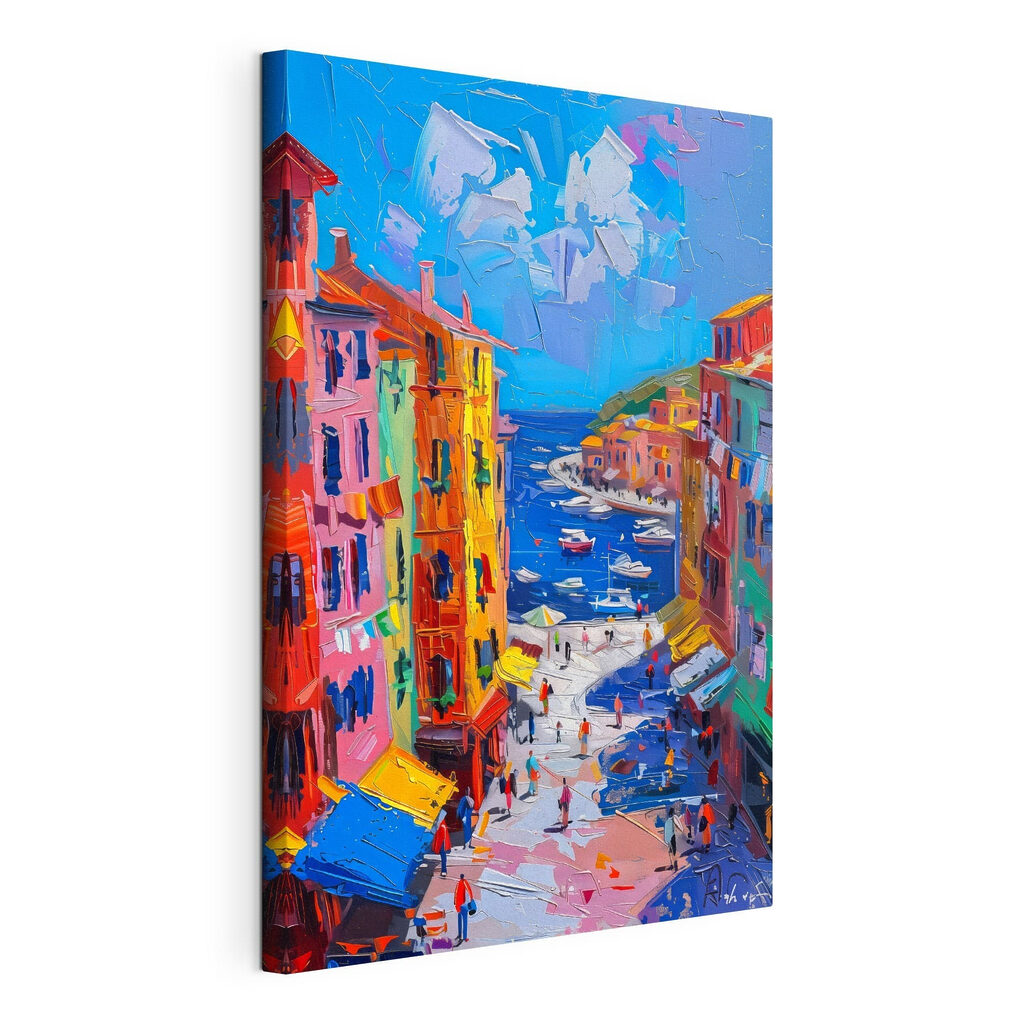 Painting of a city with boats and people Painting of a city with boats and people