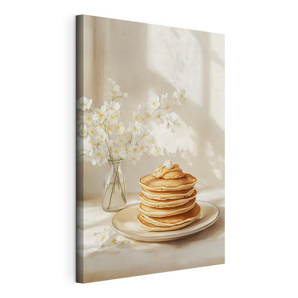 Stack of pancakes on a plate next to a vase of flowers Stack of pancakes on a plate next to a vase of flowers