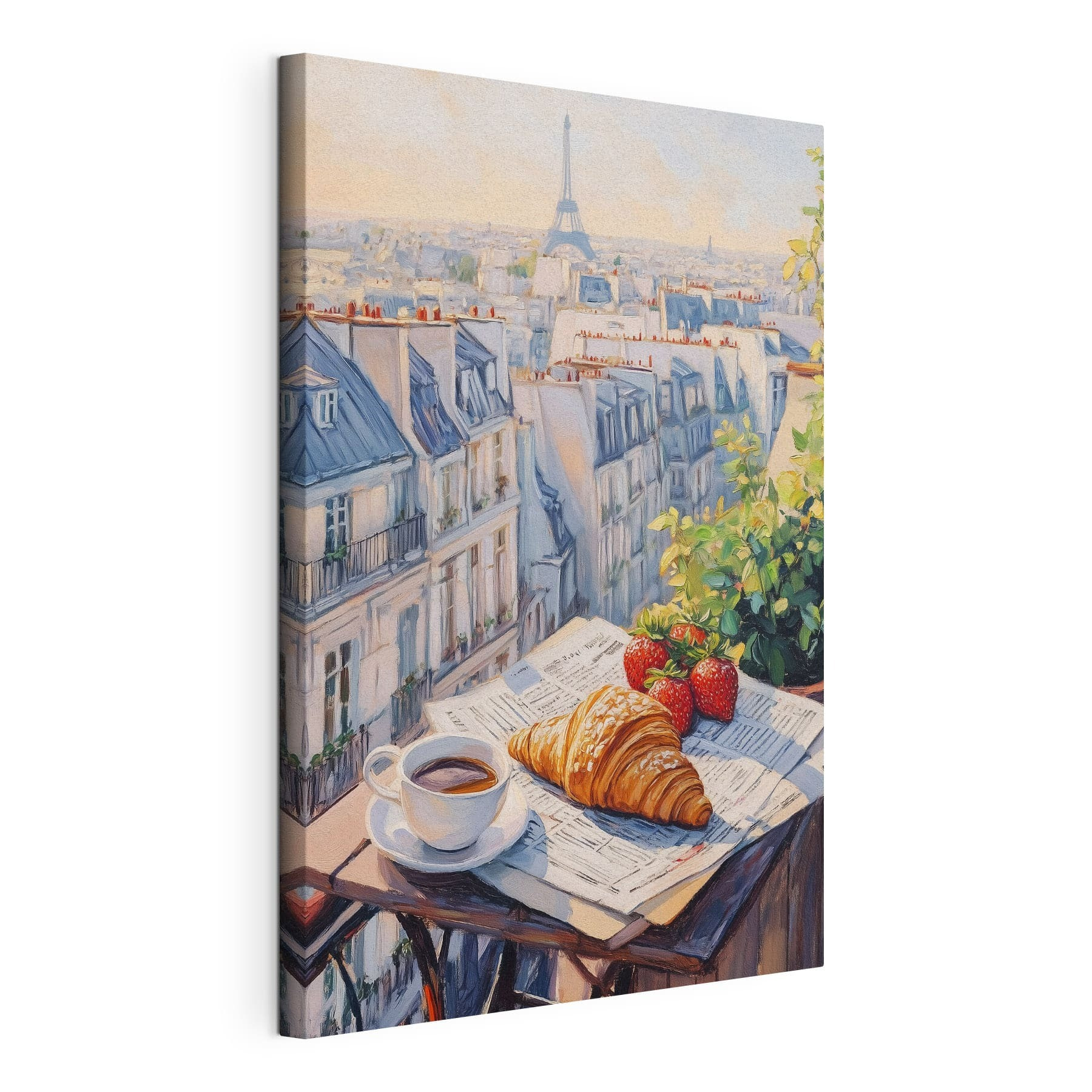 Breakfast on a table with a cup of coffee and strawberries Breakfast on a table with a cup of coffee and strawberries