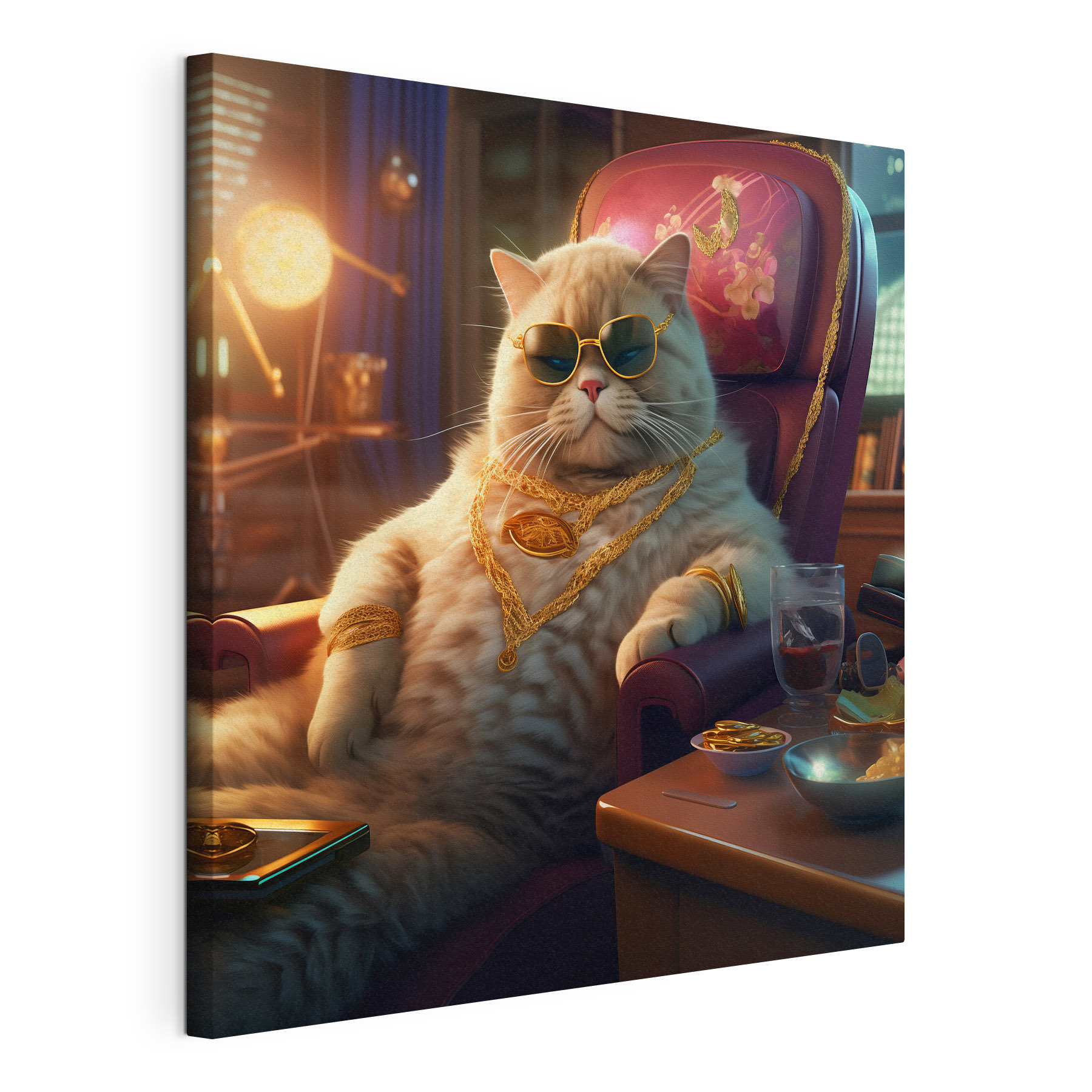Cat wearing sunglasses and a necklace sitting in a chair