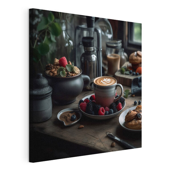 Šálek kávy s latté art na talíři s ovocem a cereáliemi Obraz Šálek kávy s latté art na talíři s ovocem a cereáliemi