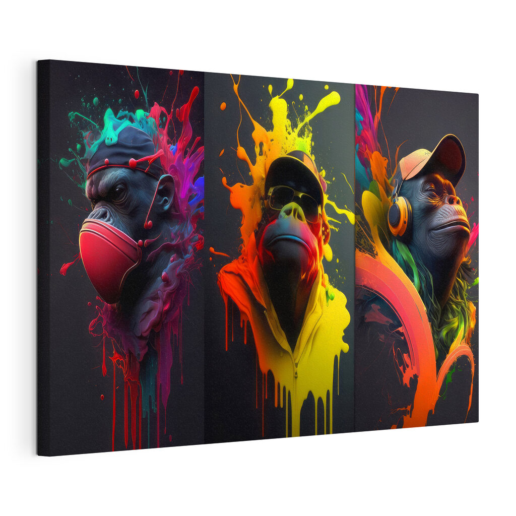 A collage of images of a monkey with colorful paint splashes A collage of images of a monkey with colorful paint splashes