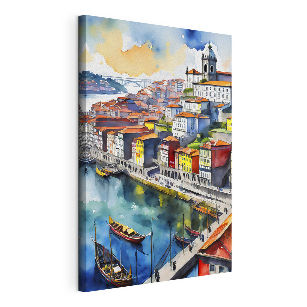 Watercolor of a city with boats and a bridge Watercolor of a city with boats and a bridge