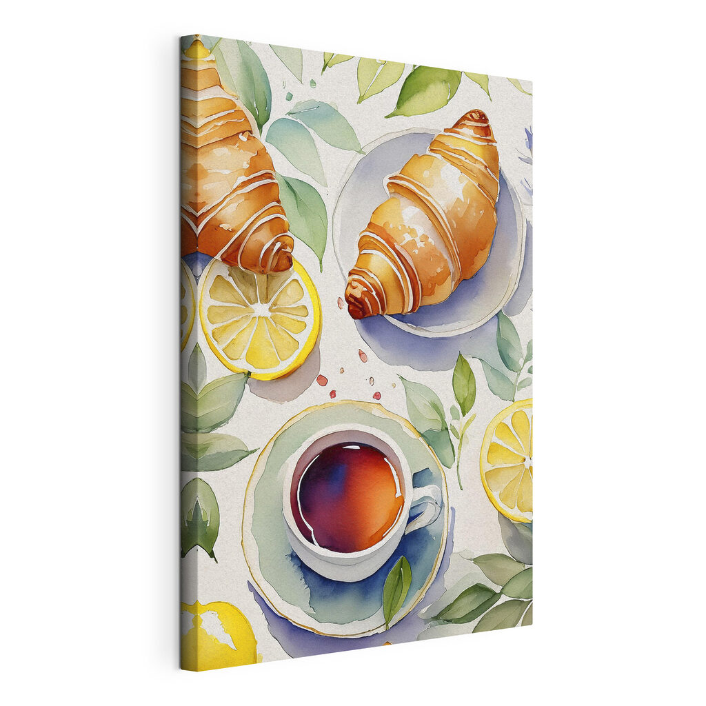 Watercolor of a croissant and a cup of tea Watercolor of a croissant and a cup of tea