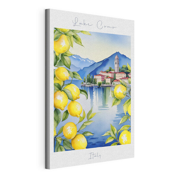 Watercolor painting of a city and mountains with yellow lemons Watercolor painting of a city and mountains with yellow lemons