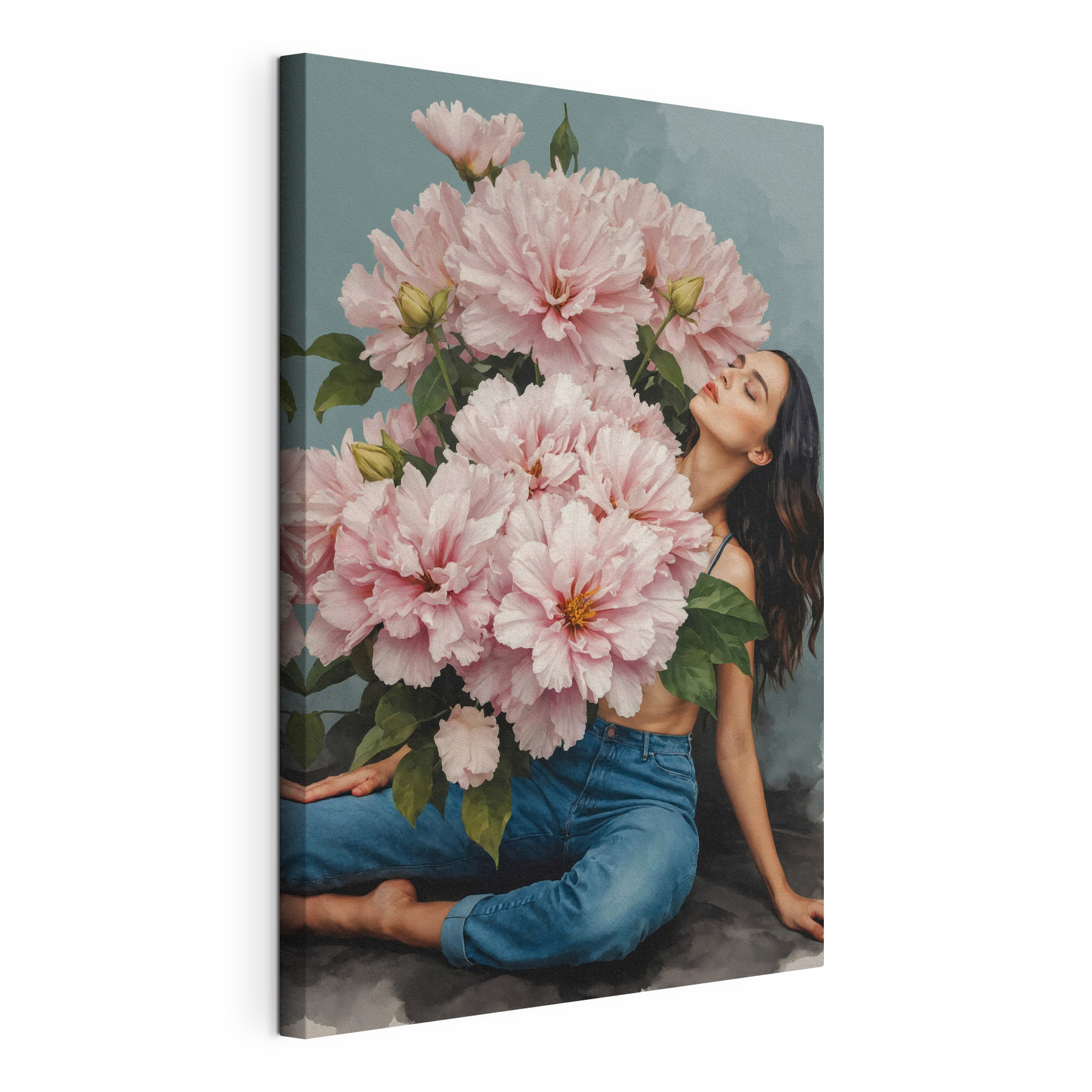 A woman sitting on a floor with a large bouquet of flowers A woman sitting on a floor with a large bouquet of flowers