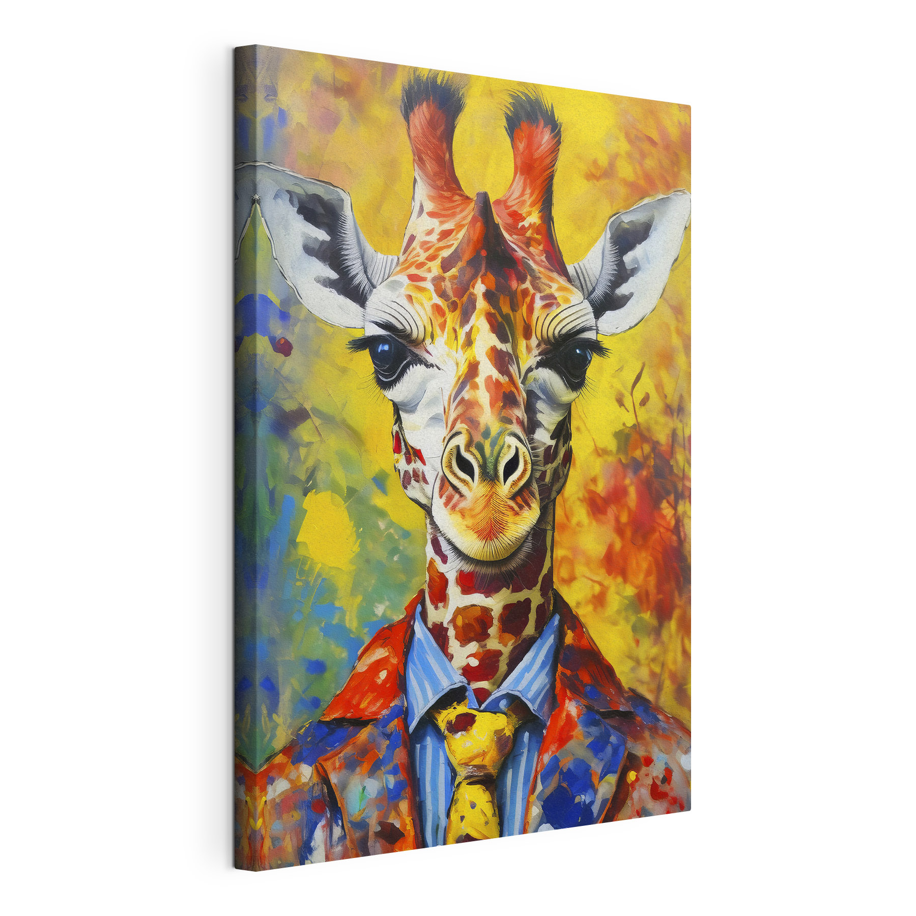 A painting of a giraffe wearing a shirt