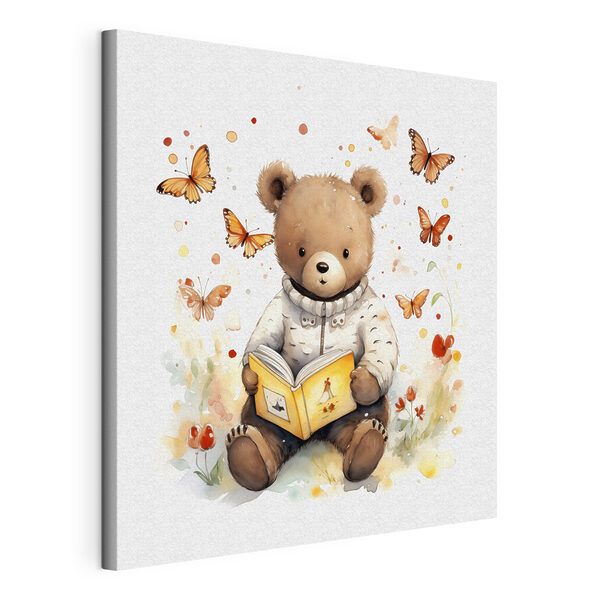 A teddy bear reading a book with butterflies flying around