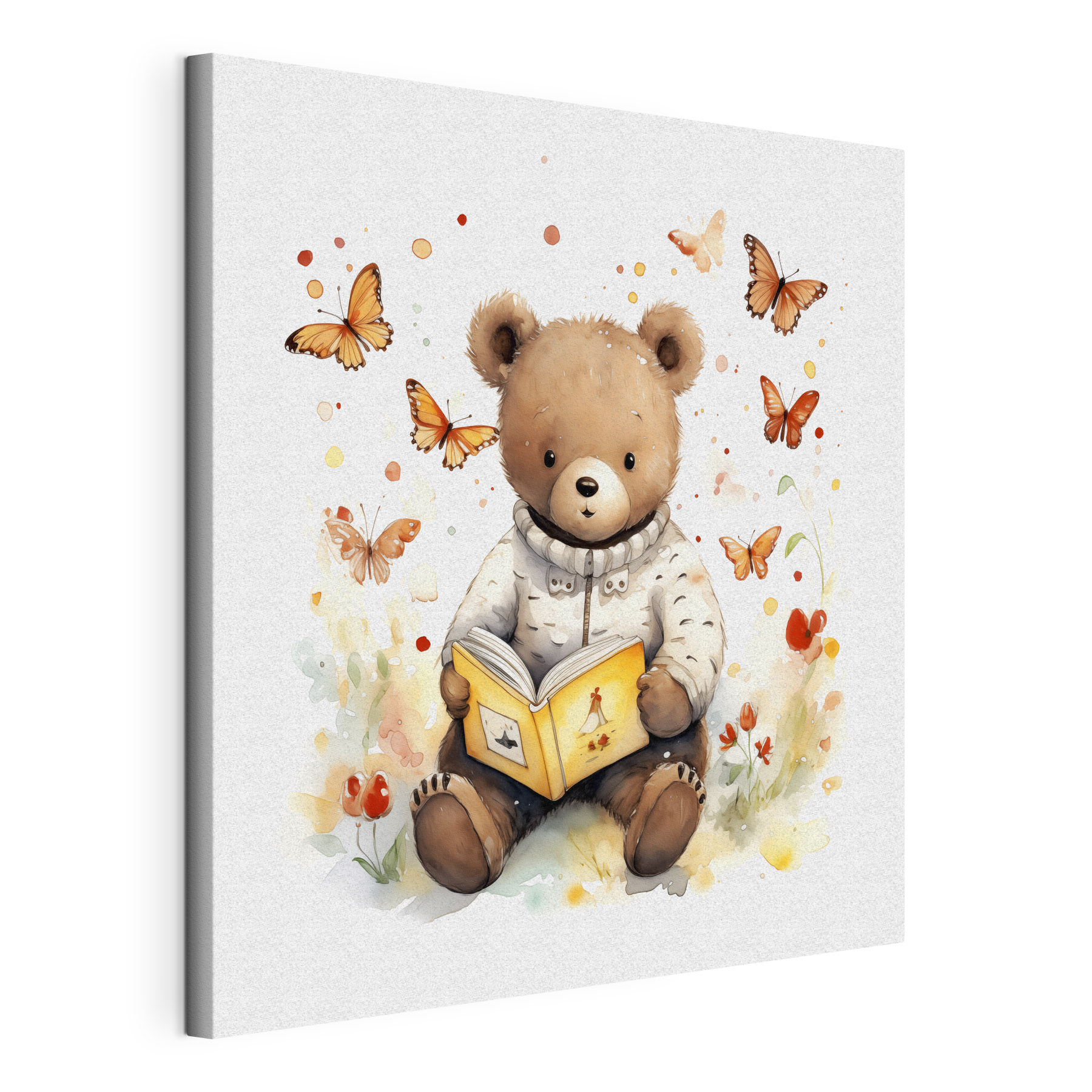 A teddy bear reading a book with butterflies flying around