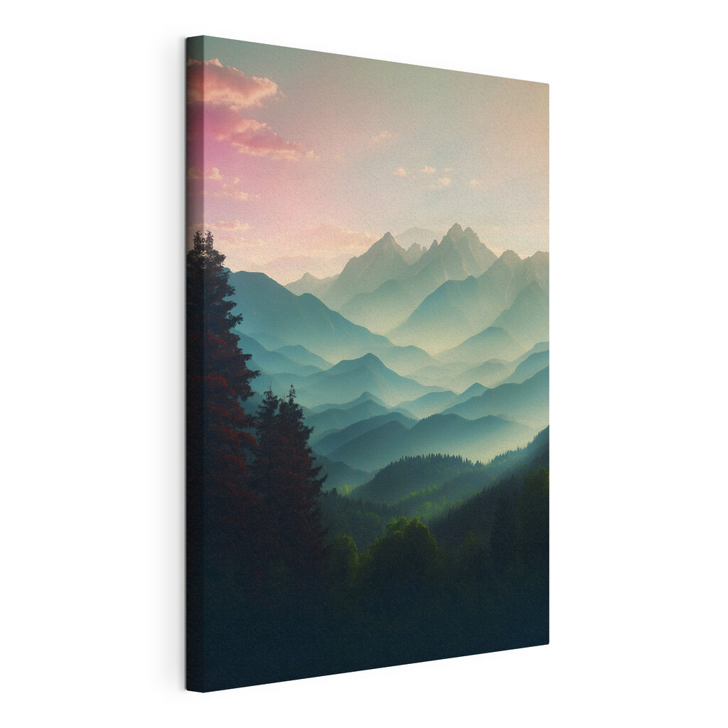 Mountain range with trees and clouds